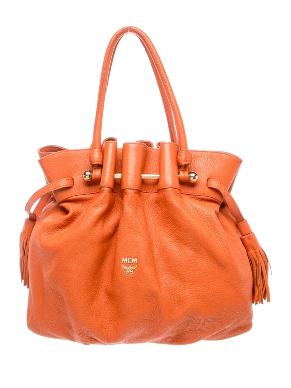 MCM Leather Tassle Shoulder Bucket Bag - Orange